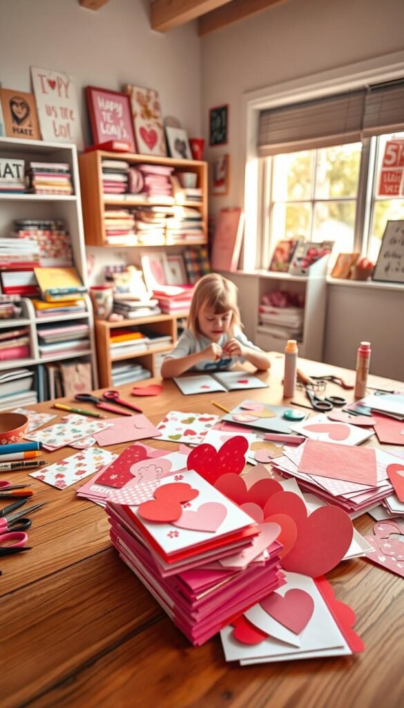 A cozy, well-lit DIY craft room with a wooden table covered in an assortment of colorful papers, scissors, glue sticks, and other supplies. In the foreground, a stack of handmade Valentine's Day cards in various shapes and designs, including hearts, flowers, and abstract patterns, crafted from vibrant red, pink, and white cardstock. In the middle ground, a young child sits at the table, carefully cutting and assembling a new card, their face filled with concentration and creativity. The background features shelves filled with scrapbooking materials, inspirational artwork, and a large window letting in warm, natural light, creating a welcoming, imaginative atmosphere.