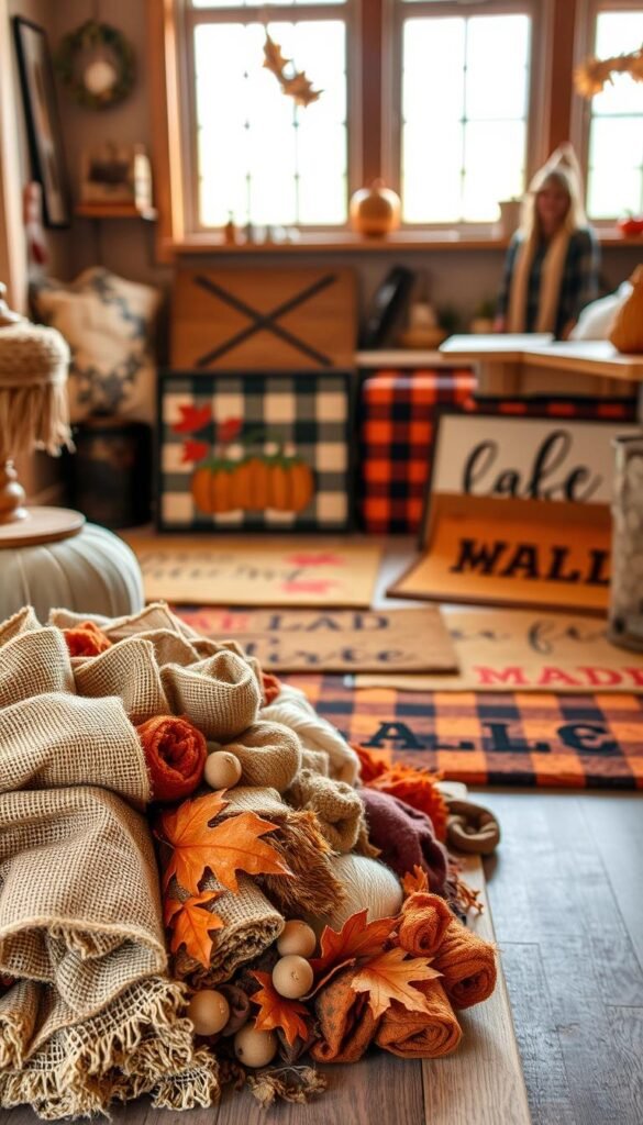 A cozy, well-lit indoor scene showcasing an assortment of handmade, autumnal-themed doormats. In the foreground, an array of tactile materials like burlap, felt, and yarn are arranged in an inviting display. The middle ground features several completed doormats, each with a unique design - some featuring seasonal motifs like leaves, pumpkins, or plaid patterns, others with personalized text or patterns. The background depicts a warm, rustic setting with wooden shelves or a tabletop, hinting at a crafting space where these DIY projects were brought to life. The overall atmosphere evokes a sense of homey, artisanal charm, inspiring the viewer to create their own customized doormat masterpieces.