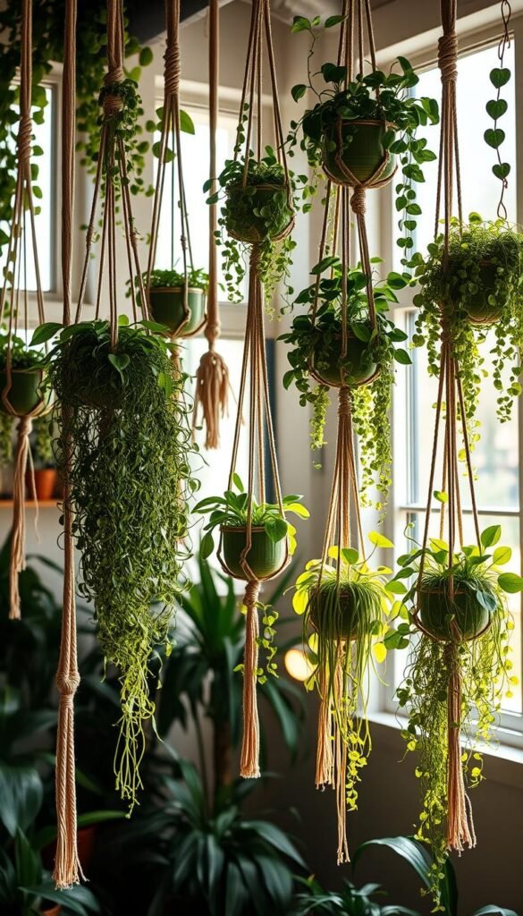 A cozy, well-lit indoor space showcasing a collection of lush, verdant hanging plants suspended from intricately woven macramé holders. The plants cascade elegantly, their vibrant foliage complemented by the natural, earthy tones of the macramé. Soft, diffused lighting filters through large windows, casting a warm, inviting glow throughout the scene. The plants are arranged in a visually balanced, harmonious composition, drawing the eye upwards and creating a serene, nature-inspired ambiance. The overall aesthetic is one of rustic, bohemian charm, perfectly suited to enhance the tranquil mood of the "Indoor Hanging Plants with Macramé Holders" section.