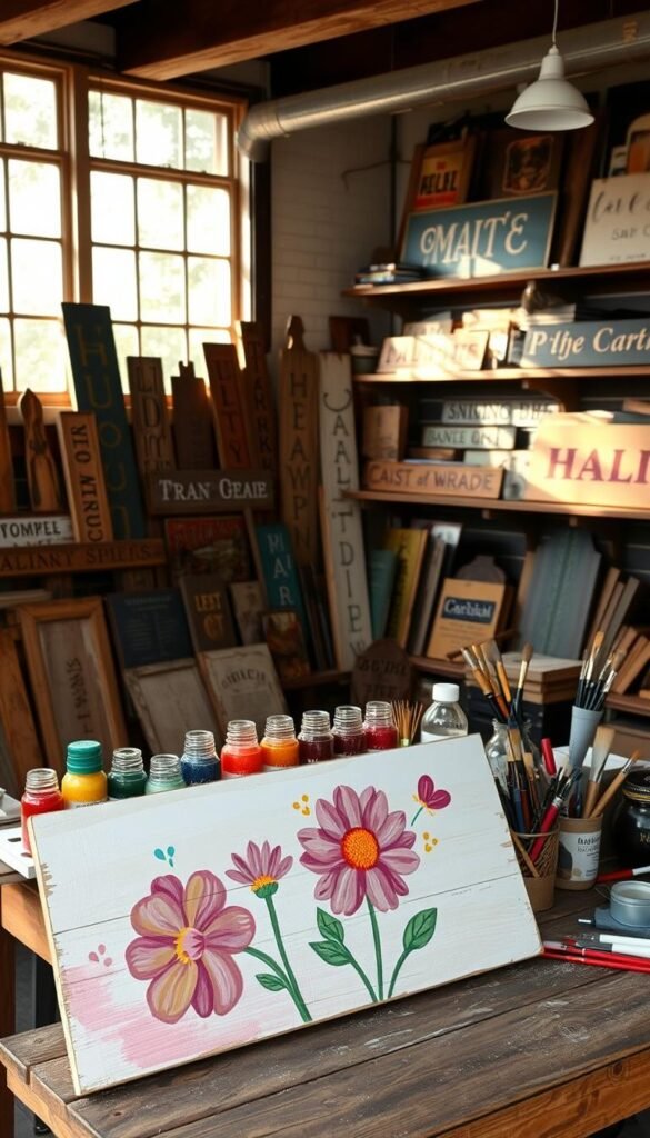 A cozy, well-lit studio filled with an array of hand-painted wooden signs. In the foreground, a vibrant, colorful sign featuring a whimsical floral design takes center stage, its brushstrokes capturing the artist's creative flair. Surrounding it, a collection of rustic, weathered signs in various shapes and sizes line the shelves, each one a unique canvas for self-expression. The middle ground reveals a table laden with painting supplies, jars of vibrant pigments, and an array of brushes, hinting at the process behind these profitable crafting projects. In the background, natural light filters in through large windows, casting a warm, inviting glow over the entire scene, accentuating the textural quality of the handmade signs.