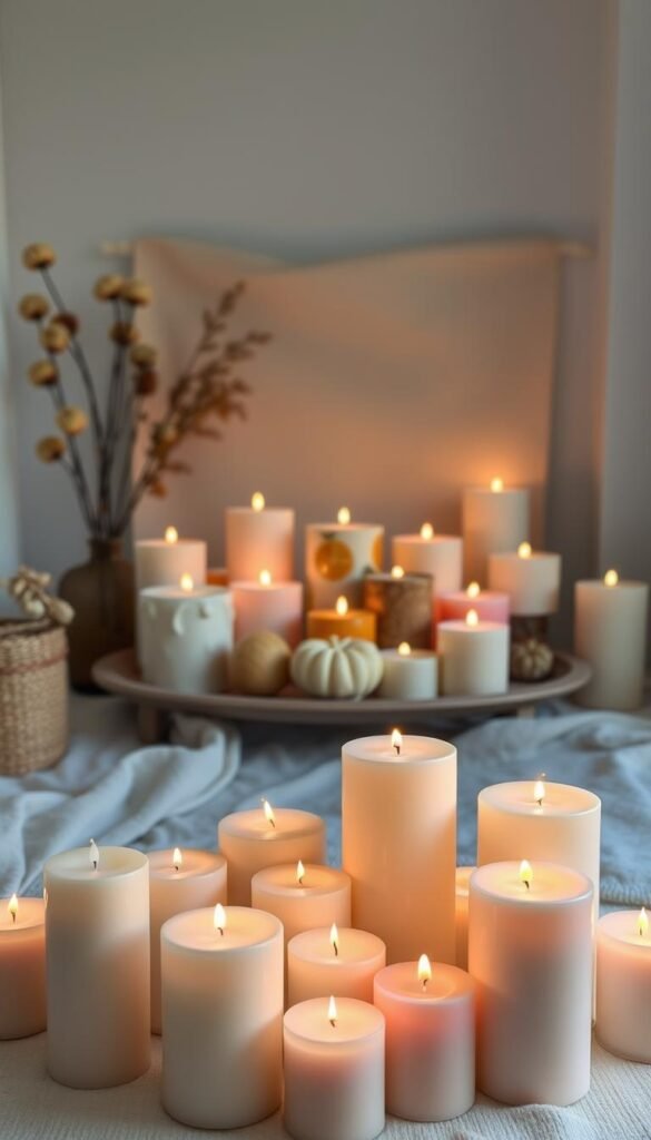 A cozy, well-lit studio setting showcasing an assortment of handcrafted candles. In the foreground, a collection of artfully arranged pillar candles in soothing hues, their soft glow radiating a sense of warmth and tranquility. In the middle ground, a variety of uniquely shaped, textured candles – perhaps some with intricate patterns or natural elements like dried flowers or citrus slices. The background features a simple, minimalist backdrop, allowing the crafted candles to take center stage. Gentle, diffused lighting casts a gentle, inviting ambiance, highlighting the intricate details and craftsmanship of these homemade, sellable creations.