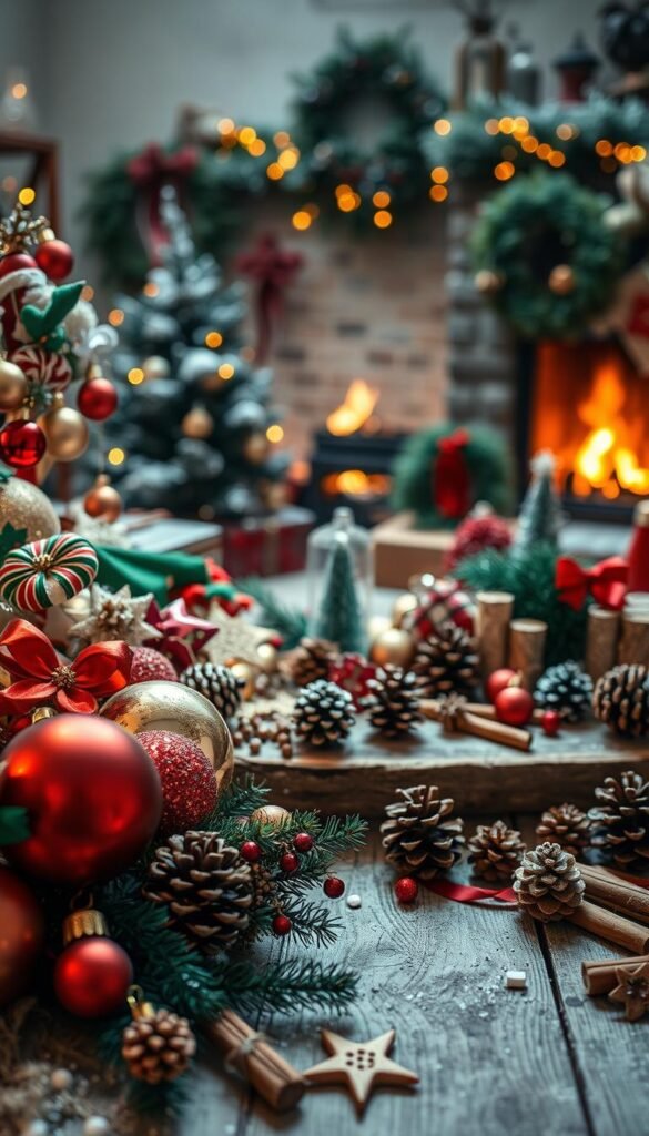 A cozy winter scene showcasing an assortment of handmade Christmas crafts. In the foreground, an array of festive ornaments, wreaths, and DIY decorations in traditional holiday colors - red, green, and gold. The middle ground features a rustic wooden table with a scatter of pinecones, cinnamon sticks, and other natural elements. Soft, ambient lighting casts a warm, inviting glow, while in the background, a fireplace crackles, casting flickering shadows. The overall atmosphere is one of craftsmanship, comfort, and the joyful spirit of the holiday season.