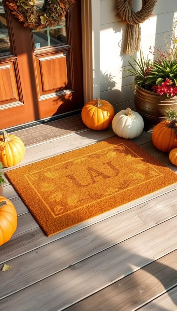 A crisp, well-crafted autumn-themed doormat with a Cricut-cut design, positioned on a wooden porch with a warm, inviting atmosphere. The design features elegant leaf patterns or a fall-inspired motif in rich, earthy tones that create a striking visual impact. Soft, natural lighting from the side casts gentle shadows, accentuating the intricate details of the stenciled pattern. The doormat sits atop weathered wooden planks, surrounded by potted plants, pumpkins, and other autumnal decor elements that complement the overall cozy, seasonal ambiance.