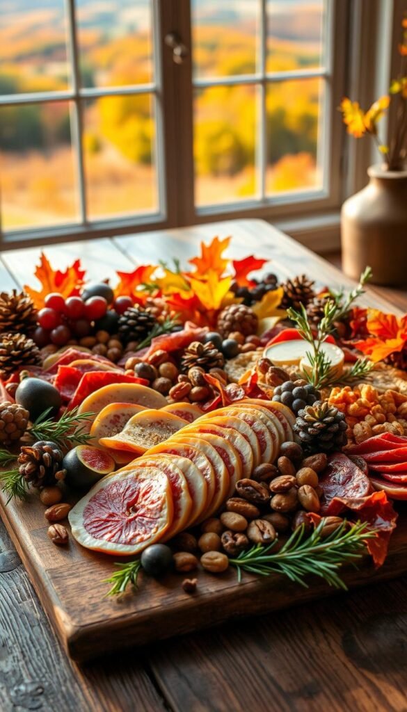 A decorative autumn charcuterie board, arranged on a rustic wooden table. In the foreground, an assortment of seasonal treats - sliced cured meats, aged cheeses, figs, grapes, and candied nuts. Sprinkled throughout, vibrant fall foliage, pinecones, and sprigs of rosemary, creating a cozy, natural ambiance. Soft, warm lighting casts a golden glow, highlighting the rich textures and colors. In the background, a lush, autumnal landscape visible through a large window, hinting at the changing of the seasons. The overall scene evokes a sense of harvest celebration and soothing, autumnal charm.