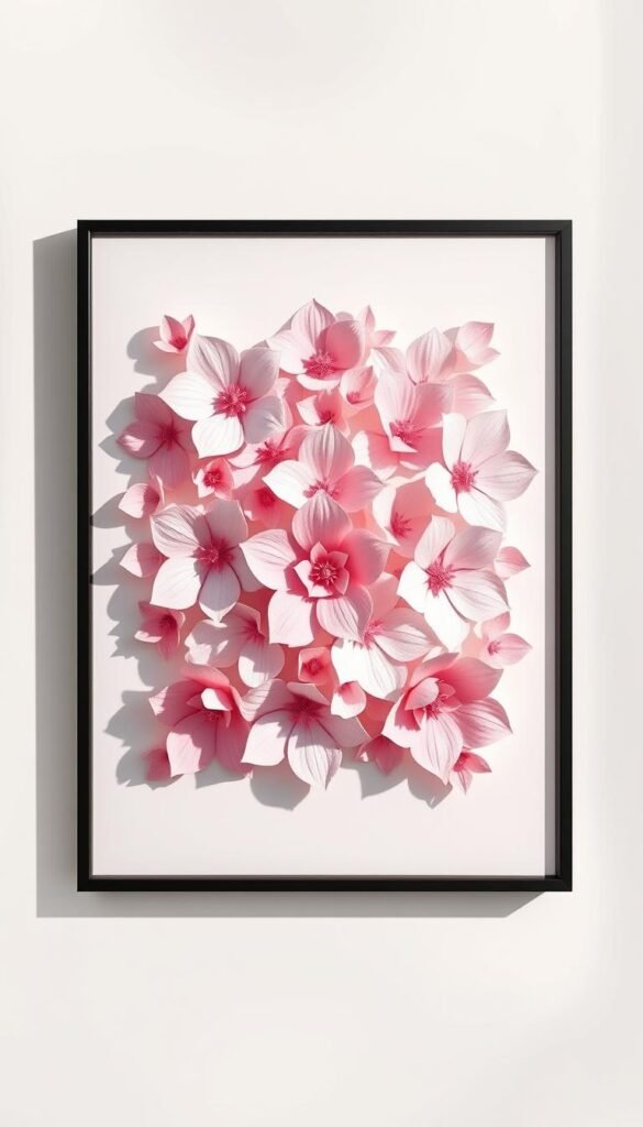 A delicate 3D paper flower wall hanging, with elegant, lifelike blooms in shades of pink, white, and soft lavender. The flowers are arranged in a captivating, symmetrical pattern, creating a stunning focal point on the wall. Soft, directional lighting casts gentle shadows, adding depth and dimension to the piece. The flowers appear to be made from high-quality, textured paper, with intricate, realistic petals that curl and fold naturally. The arrangement is mounted on a sleek, minimalist black frame, lending a sophisticated, gallery-worthy aesthetic. The overall composition exudes a sense of refined beauty and timeless charm, perfectly suited for a serene, sophisticated interior.