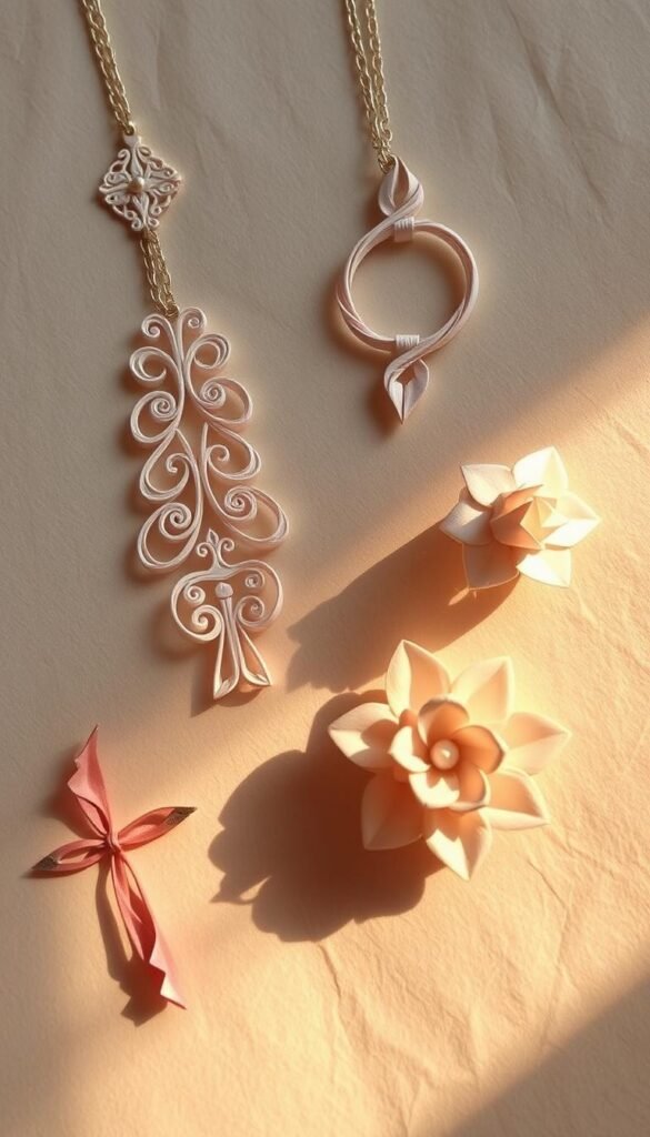 A delicate and intricate arrangement of paper jewelry pieces, including an elegant paper necklace with intricate folded and twisted details, a dainty paper bracelet adorned with origami-inspired elements, and a stunning paper ring with a three-dimensional flower design. The items are displayed on a soft, textured background, perhaps a sheet of handmade paper or a linen cloth, illuminated by warm, natural lighting that casts gentle shadows and highlights the paper's subtle sheen. The overall composition emphasizes the beauty, craftsmanship, and versatility of paper as a medium for creating beautiful, wearable accessories.