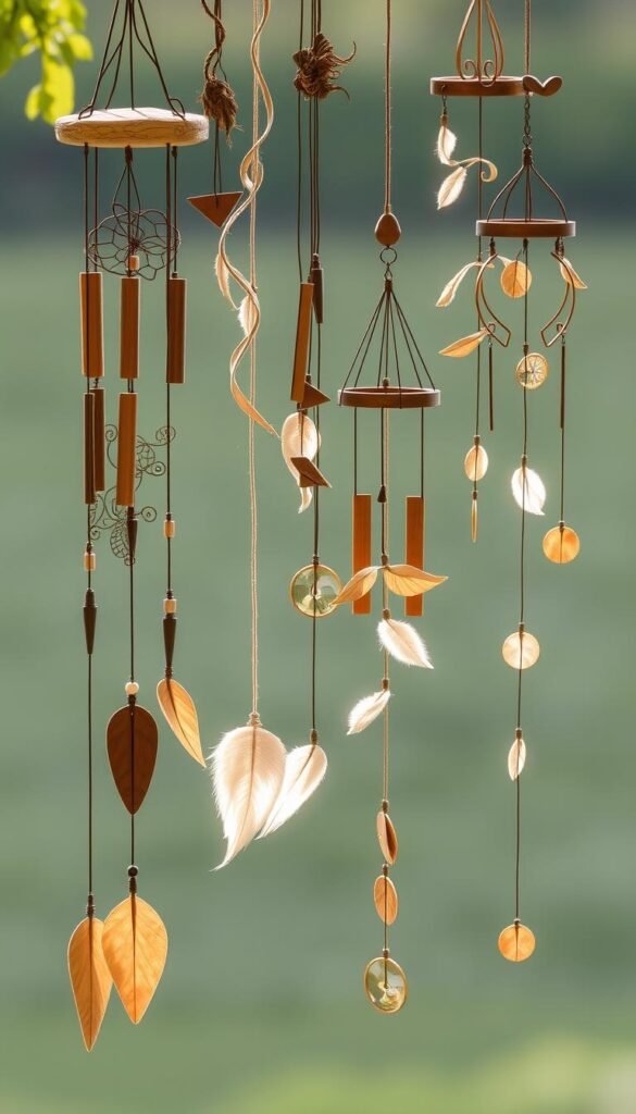 A delicate arrangement of handcrafted wind chimes and whimsical mobiles, artfully suspended against a tranquil backdrop. Intricate chimes, crafted from wood, metal, and upcycled materials, sway gently in the breeze, creating a soothing, melodic symphony. Elegant mobiles, featuring delicate shapes and textures, drift and twirl, casting captivating shadows and reflections. Soft, diffused natural lighting accentuates the organic textures and warm tones, evoking a sense of rustic charm and artisanal craftsmanship. The scene exudes a calming, harmonious atmosphere, perfect for enhancing the peaceful ambiance of an outdoor oasis.
