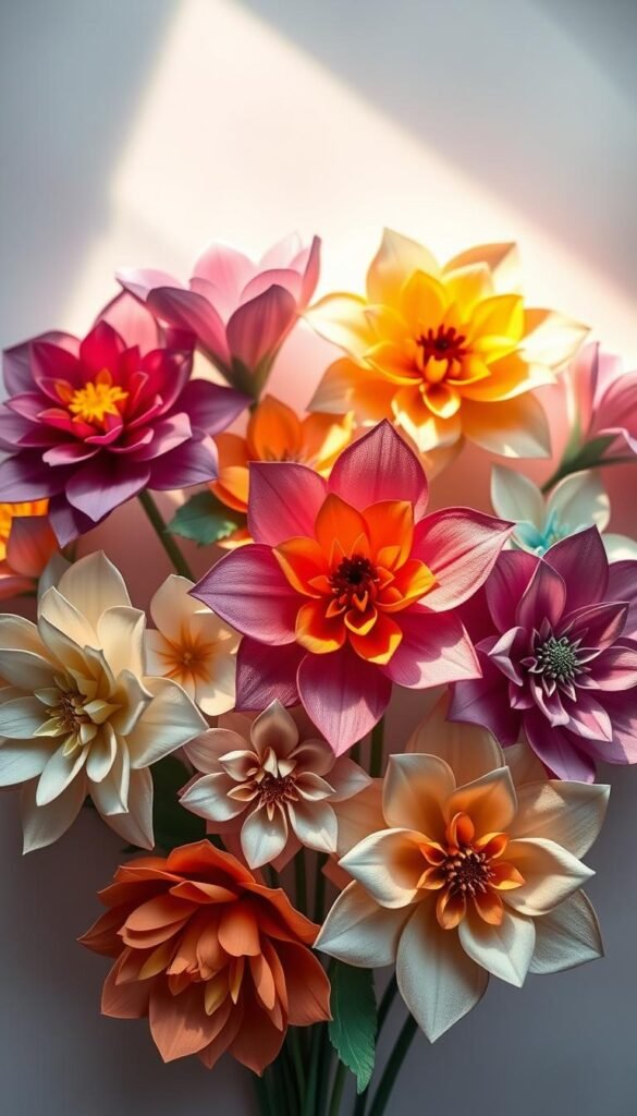A delicate arrangement of meticulously crafted paper flowers, showcasing a stunning array of vibrant hues and intricate petals. The blooms appear to be freshly plucked, their edges softly curled and textures captured in high detail. The lighting is natural and warm, casting a gentle glow that highlights the paper's subtle sheen. The composition is balanced, with the flowers taking center stage against a clean, minimalist background, allowing their beauty to shine. The overall mood is one of timeless elegance and a sense of permanence, perfectly embodying the section's title "Gorgeous Paper Flowers That Last Forever".