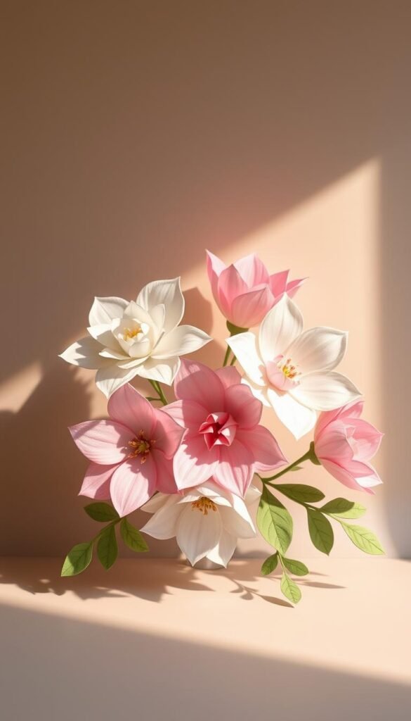 A delicate arrangement of paper flowers, their petals softly curled and layered, casting gentle shadows on a minimalist background. The flowers bloom in a natural, organic manner, with varied textures and hues of white, pink, and soft green foliage. Warm, diffused lighting from above accentuates the paper's subtle sheen, creating a serene, handcrafted ambiance. The composition is balanced, with the flowers occupying the central focus, surrounded by negative space that allows them to shine. The overall mood is one of simplicity, elegance, and the beauty of handmade craftsmanship.