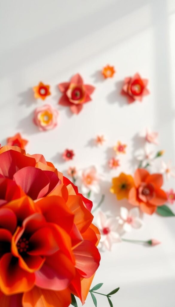 A delicate arrangement of vibrant paper blooms, crafted with meticulous precision. In the foreground, a cluster of intricate, layered petals in a spectrum of bold hues – crimson, ochre, and delicate pastels – creating a lush, three-dimensional display. The middle ground showcases a variety of paper folding techniques, from origami-inspired rosebuds to whimsical, sculptural shapes. Bathed in soft, diffused lighting that casts gentle shadows, the paper flowers seem to float effortlessly, exuding a sense of timeless, ethereal beauty. The background is a minimalist, clean setting, allowing the vibrant hues and delicate textures of the paper creations to take center stage, inspiring a sense of joy and creativity.