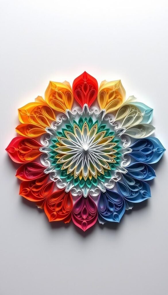 A delicate, intricate paper quilling mandala set against a clean, minimalist background. The mandala features a mesmerizing pattern of tightly coiled and sculpted paper strips in a vibrant spectrum of colors, ranging from warm oranges and reds to cool blues and greens. The overlapping spirals and loops create a sense of depth and dimension, drawing the viewer's eye into the center of the design. The lighting is soft and diffused, highlighting the intricate textures and shadows of the quilled elements. The camera angle is slightly elevated, capturing the mandala in its entirety and emphasizing its symmetrical, kaleidoscopic beauty. An atmosphere of serene, meditative contemplation permeates the scene.