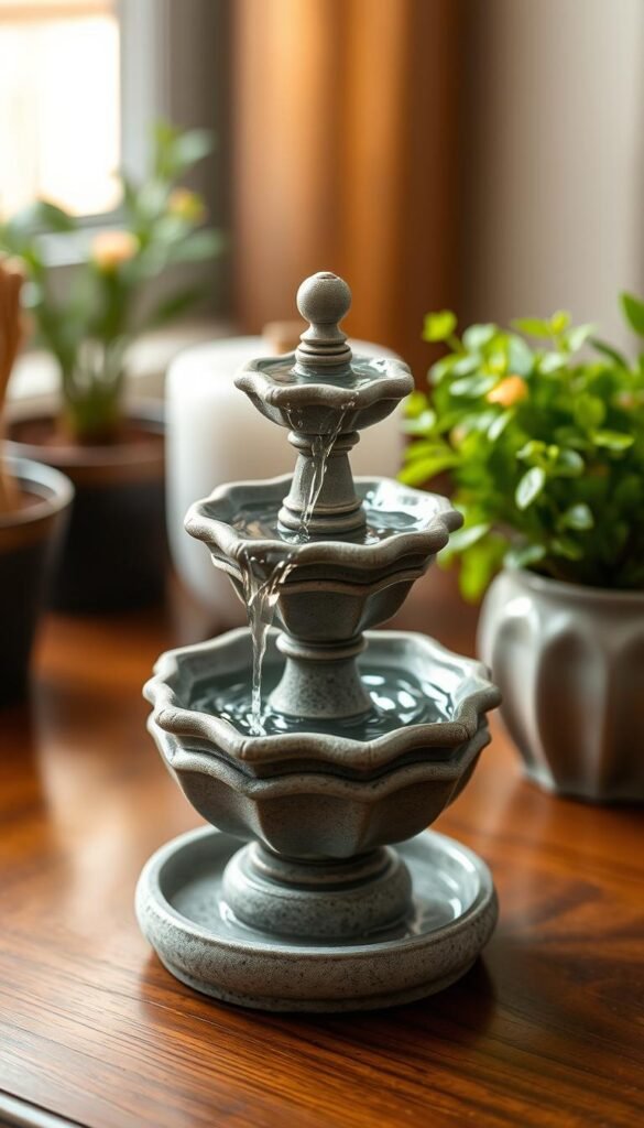 A delicate, ornamental miniature fountain stands gracefully on a wooden tabletop, its tranquil stream cascading over tiered stone basins. Soft, warm lighting illuminates the crystalline water, casting gentle ripples and reflections across the surface. The fountain's intricate, classical design features elegant curves and subtle detailing, creating an atmosphere of serene, understated elegance. Lush, verdant foliage in the background, such as small potted plants or a simple floral arrangement, complements the fountain's natural aesthetic, evoking a sense of harmony and balance in this intimate, domestic setting.