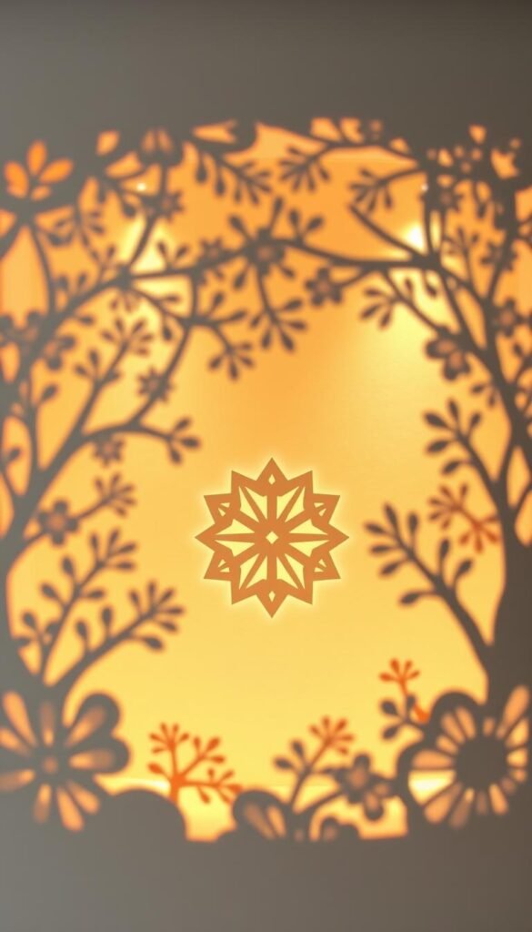 A delicate paper cut shadow box with intricate, illuminated silhouettes casting warm, ethereal light. In the foreground, a central paper sculpture of a geometric pattern, its edges sharply defined against a soft, glowing backdrop. Surrounding it, intricate paper layers create depth and dimension, their cutouts casting whimsical shadows that dance across the wall. The lighting, a subtle mix of warm and cool tones, highlights the delicate textures and precise craftsmanship. The overall effect is one of captivating, tactile elegance - a mesmerizing interplay of light, shadow, and the artistry of paper.