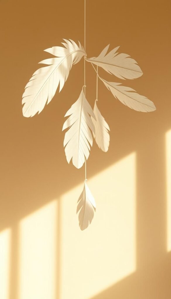 A delicate paper feather mobile suspended from the ceiling, gently swaying in a soft, diffused light. The feathers are crafted with intricate folds and textures, appearing weightless and ethereal. The mobile is positioned against a muted, pastel-toned background, allowing the feathers to take center stage. The lighting is warm and natural, creating soft shadows that accentuate the delicate nature of the piece. The overall composition is balanced and harmonious, inviting the viewer to appreciate the elegant simplicity and tactile quality of the handmade mobile.