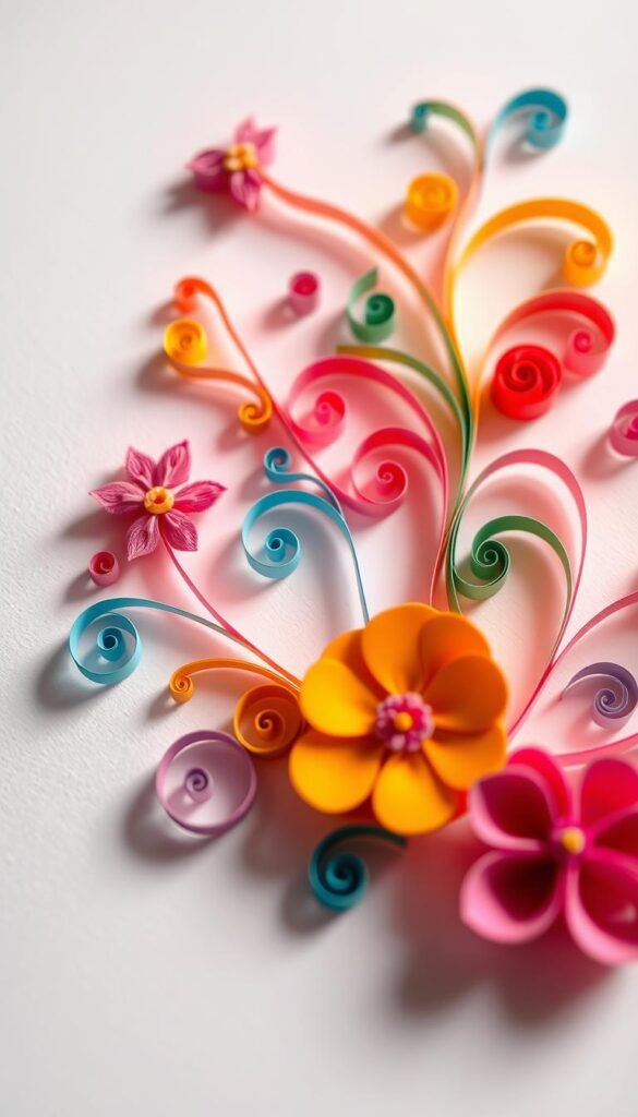A delicate paper quilling design, featuring intricate curls, coils, and shapes in vibrant colors. The composition showcases a harmonious arrangement of various quilling techniques, including tight scrolls, open spirals, and pinched petals, arranged in a visually captivating manner. The lighting is soft and diffused, casting gentle shadows that accentuate the dimensional quality of the quilled elements. The background is blurred and minimalist, allowing the intricate paper art to take center stage. The overall mood is one of elegance, creativity, and a sense of handcrafted beauty.
