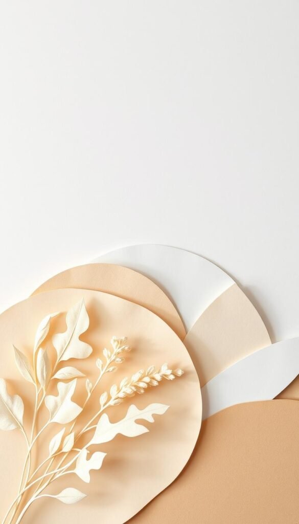 A delicate paper wall art piece, featuring a harmonious arrangement of various paper textures and shapes. The foreground showcases intricate paper cutouts, casting delicate shadows on the middle-ground's minimalist paper layers in soothing neutral tones. The background subtly transitions from soft whites to warm beiges, creating a calming, natural ambiance. Crisp lighting from an overhead source accentuates the tactile qualities of the paper, while a slightly oblique camera angle adds depth and visual interest. The overall composition exudes a sense of simplicity, elegance, and a touch of whimsy, perfectly suited for a minimalist home decor setting.