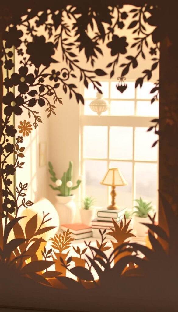 A delicately crafted kirigami pop-up scene, showcasing a cozy and whimsical room interior. In the foreground, intricate paper-cut decorations of flowers, leaves, and geometric shapes create a three-dimensional tapestry, casting soft shadows on the walls. The middle ground features a neatly arranged display of potted plants, books, and a vintage-style lamp, all nestled within a warm, inviting space. The background depicts a dreamy, pastel-hued landscape visible through a large window, bathed in the gentle glow of natural light. The overall scene exudes a sense of tranquility and artful elegance, capturing the essence of a delightful, handcrafted room decor.