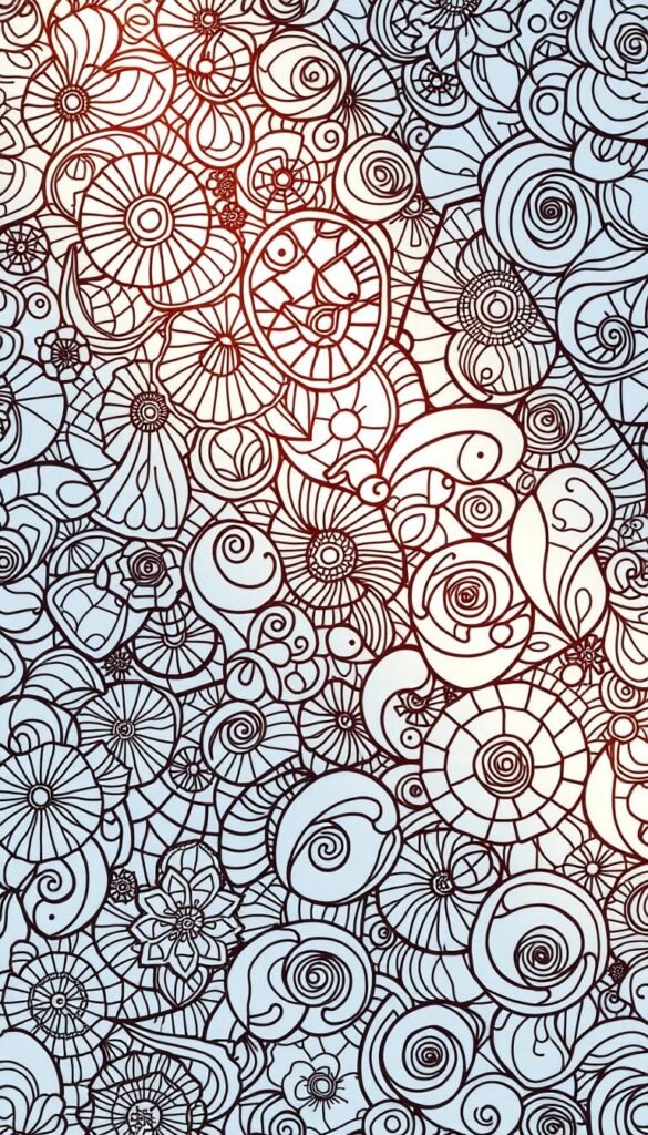 A detailed and intricate Zentangle pattern coloring page, featuring a captivating array of overlapping geometric shapes, spirals, and abstract designs. The page is illuminated by soft, diffused lighting, creating a tranquil and meditative atmosphere. The patterns are rendered in a soothing palette of earthy tones, with gentle gradients and subtle textures that invite the viewer to lose themselves in the rhythmic repetition. The composition is balanced and harmonious, drawing the eye through the delicate interplay of positive and negative space. This digital illustration captures the essence of mindful creativity and the calming power of pattern-based art.