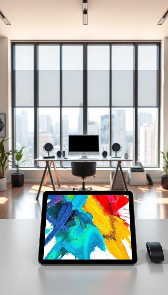 A digital art studio with a minimalist and modern aesthetic. In the foreground, a tablet displays a vibrant abstract digital painting with bold colors and dynamic brushstrokes. In the middle ground, a sleek and stylish desk setup includes a computer, drawing tablet, and various art supplies. The background features a large window overlooking a cityscape, allowing natural light to pour in and create a warm, productive atmosphere. The overall scene conveys a sense of creativity, focus, and the potential for profitable digital art projects.