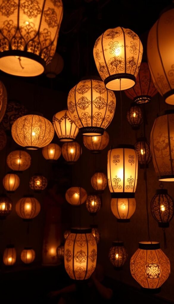 A dimly lit room filled with intricate, glowing paper lanterns of various shapes and sizes, their warm light softly illuminating the space. The lanterns are intricately crafted, with delicate patterns and textures that cast captivating shadows on the walls. The scene has a cozy, atmospheric feel, with the lanterns suspended from the ceiling and placed strategically around the room, creating a sense of tranquility and wonder. The lighting is diffused and muted, giving the image a dreamy, enchanting quality. The background is slightly blurred, allowing the lanterns to be the focal point, drawing the viewer's attention to the artful display of these elegant paper light fixtures.