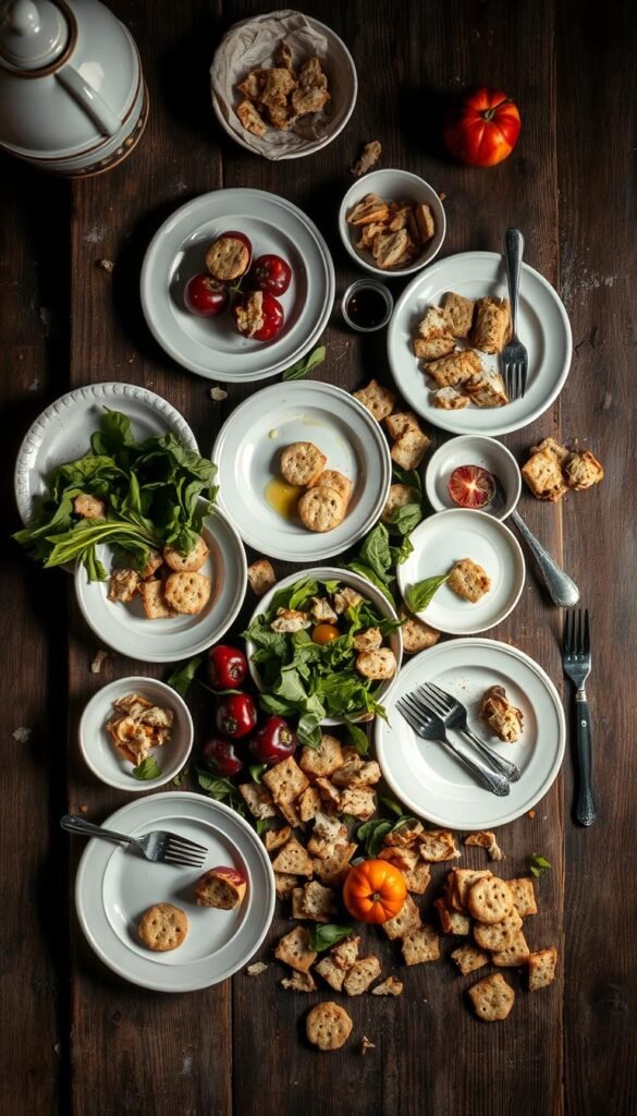 A disorderly arrangement of mismatched plates, bowls, and utensils on an unkempt wooden surface. Wilted greens, spoiled fruits, and crumbling crackers litter the scene, creating a sense of neglect and waste. Harsh, unforgiving overhead lighting casts unflattering shadows, highlighting the flaws and imperfections. The overall atmosphere conveys a lack of planning, attention to detail, and care in the presentation of this otherwise inviting grazing table concept.