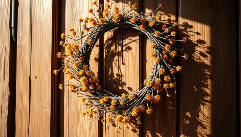 A dried flower wreath, hanging gracefully on a rustic wooden door, bathed in warm, natural light. The wreath's delicate, earthy tones of amber, ochre, and sienna create a stunning display, accented by the intricate weaving of twigs and stems. The composition is balanced, with the wreath's circular form filling the frame, casting subtle shadows that add depth and dimension. The overall mood is one of tranquility and simplicity, inviting the viewer to appreciate the beauty of nature's ephemeral creations.