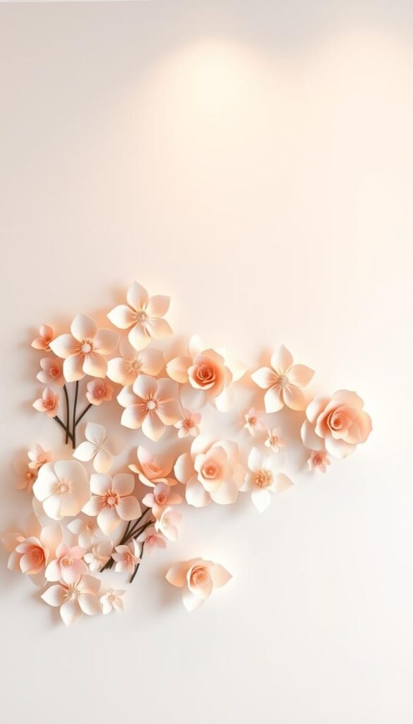 A elegant, minimalistic paper flower wall art composition. In the foreground, a display of delicately crafted paper blooms in soft pastel hues, arranged in a harmonious asymmetrical pattern. The flowers appear to be hand-cut and layered, creating a captivating three-dimensional effect. The middle ground features a clean, white wall backdrop, allowing the flowers to take center stage. Warm, diffused lighting from above casts gentle shadows, enhancing the tactile quality of the paper petals. The overall mood is one of refined sophistication and serene, natural beauty, perfectly suited to adorn a modern, minimalist interior space.
