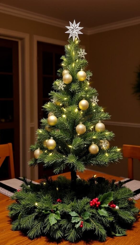 A festive Christmas tree centerpiece stands tall, adorned with twinkling fairy lights, delicate ornaments, and a glittering star topper. The tree is placed atop a wooden table, surrounded by a lush, verdant garland with sprigs of holly and pine. Soft, warm lighting illuminates the scene, casting a cozy glow and creating a sense of holiday cheer. The arrangement is captured from a slightly elevated angle, showcasing the intricate details and creating a visually stunning focal point for a holiday-themed table setting.