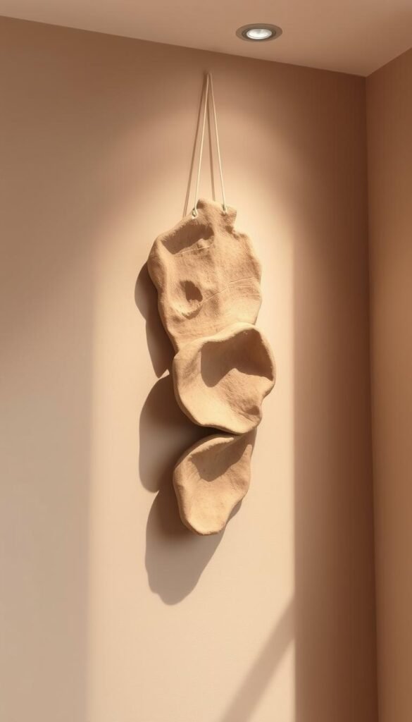 A finely crafted clay wall hanging, its organic forms and textures taking center stage in a warm, well-lit interior. The piece hangs on a neutral-toned wall, its subtle earthy tones and undulating silhouette commanding attention. Soft, directional lighting from above casts gentle shadows, accentuating the depth and dimensionality of the clay surface. The wall hanging is the focal point, positioned thoughtfully within the space, allowing its unique character to shine. The overall scene conveys a sense of balance, harmony, and an appreciation for the artistry of handmade decor. A finely crafted clay wall hanging, its organic forms and textures taking center stage in a warm, well-lit interior. The piece hangs on a neutral-toned wall, its subtle earthy tones and undulating silhouette commanding attention. Soft, directional lighting from above casts gentle shadows, accentuating the depth and dimensionality of the clay surface. The wall hanging is the focal point, positioned thoughtfully within the space, allowing its unique character to shine. The overall scene conveys a sense of balance, harmony, and an appreciation for the artistry of handmade decor.