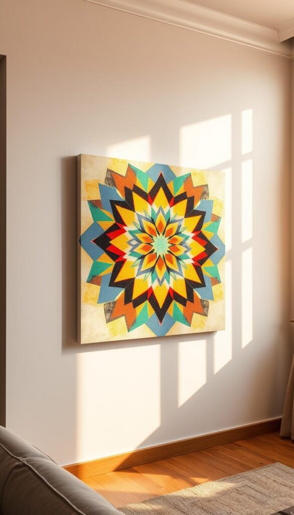 A geometrically patterned canvas painting hangs on a white wall, illuminated by warm, natural light filtering through a nearby window. The canvas features an intricate arrangement of bold, angular shapes in a vibrant color palette, creating a visually striking and harmonious composition. The patterns blend seamlessly, drawing the eye inward with their symmetry and rhythm. The painting's surface has a subtle, textured finish, adding depth and dimension to the design. The overall aesthetic is modern, sophisticated, and perfectly suited to enhance a contemporary living space.