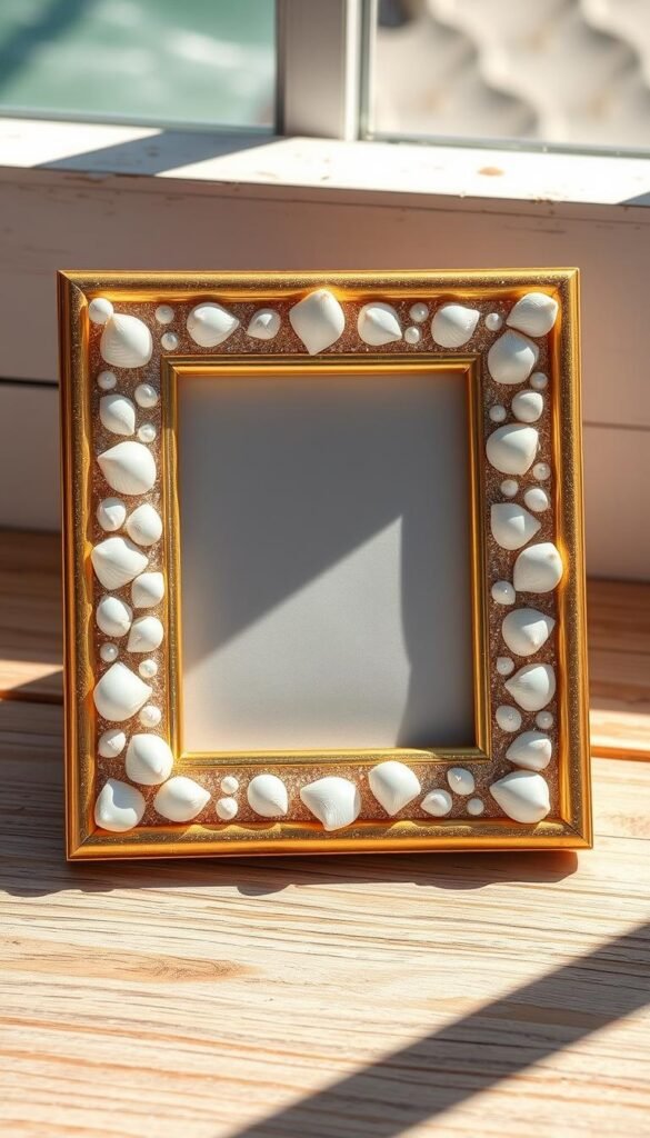 A glittering seashell-encrusted picture frame sits on a sun-dappled wooden surface, its gilded edges catching the warm coastal light. Delicate shells, each one unique, are carefully arranged in a symmetrical pattern, their pearlescent surfaces shimmering with a fine dusting of iridescent glitter. The frame casts a soft, reflective glow, inviting the viewer to imagine a serene beach scene or a precious memory captured within. Subtle shadows and highlights accentuate the depth and texture of the materials, creating a captivating, handcrafted aesthetic that evokes the charm of a seaside summer.