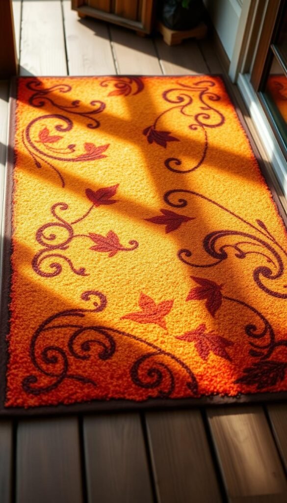 A hand-painted doormat with vibrant autumn hues, featuring swirling patterns and leaf motifs against a warm, textured background. The design is artfully crafted, with attention to detail and a touch of rustic charm. Diffused natural lighting casts a soft, inviting glow, capturing the essence of a cozy, welcoming entryway. The camera angle showcases the mat's placement on a wooden porch or deck, allowing the viewer to imagine it as part of a charming fall-themed outdoor setting.