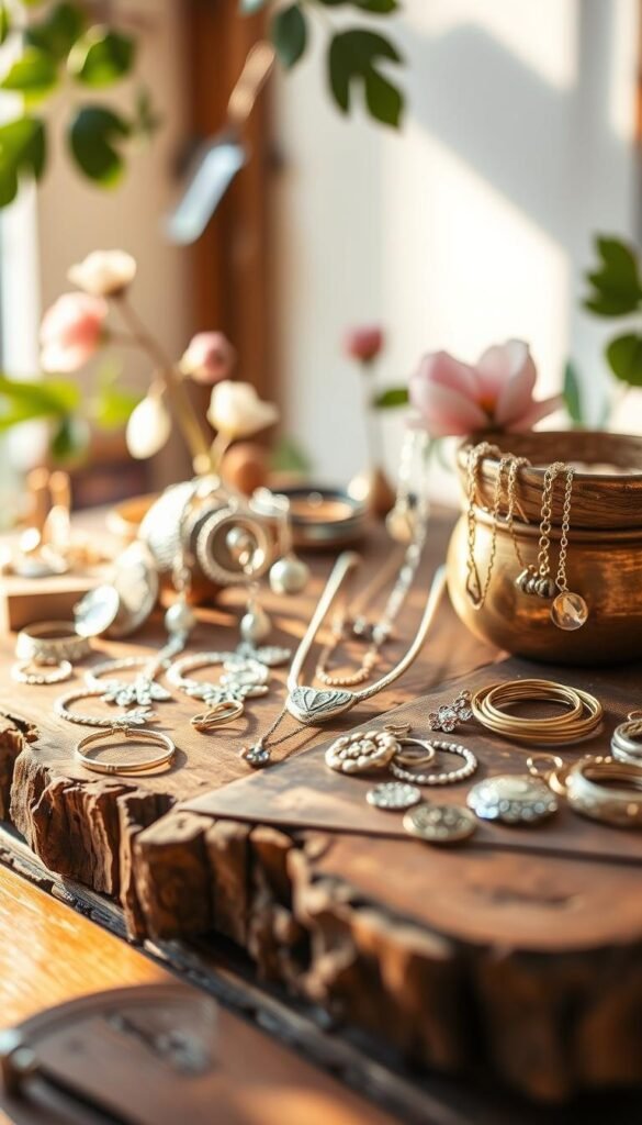 A handcrafted jewelry display sits atop a rustic wooden table, bathed in warm, natural lighting. Delicate silver and gold necklaces, earrings, and bracelets are arranged with care, their intricate designs catching the eye. In the background, a soft, blurred backdrop of botanical elements, such as leaves and flowers, adds a touch of elegance. The composition evokes a sense of craftsmanship, attention to detail, and the joy of creating something unique by hand. The overall mood is one of artisanal charm and the potential for a thriving handmade jewelry business.