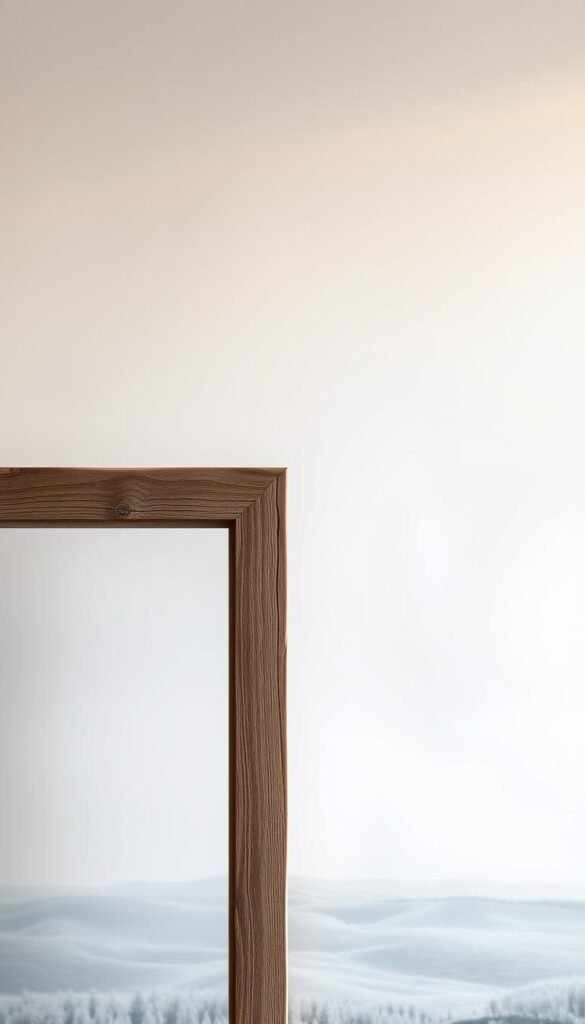 A large, rustic wooden frame gently floating against a soft, ethereal background. The frame is crafted from weathered, reclaimed wood, its natural grain and imperfections adding character. Soft, diffused light filters through, casting a warm, inviting glow. The frame is angled slightly, creating a sense of depth and dimensionality. In the background, a blurred, pastel-hued landscape or abstract pattern provides a complementary, understated backdrop, allowing the striking frame to take center stage. The overall mood is one of elegance, simplicity, and a touch of whimsy, perfectly capturing the essence of framing large art pieces.