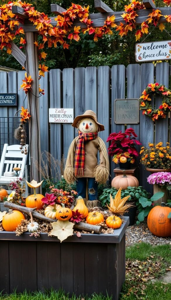 A lush, autumnal backyard scene with an assortment of handcrafted seasonal garden decorations. In the foreground, a rustic wooden planter overflows with a vibrant display of pumpkins, gourds, and dried flowers. In the middle ground, a whimsical scarecrow stands guard, its burlap body and straw-filled limbs accented by a plaid scarf and hat. Hanging from a weathered trellis, a garland of vibrant fall foliage and fairy lights casts a warm, ambient glow. In the background, a wooden fence is adorned with hand-painted signs and a wreath of autumn leaves. The scene is bathed in soft, diffused natural light, conveying a cozy, autumnal atmosphere perfect for welcoming guests to an outdoor oasis.