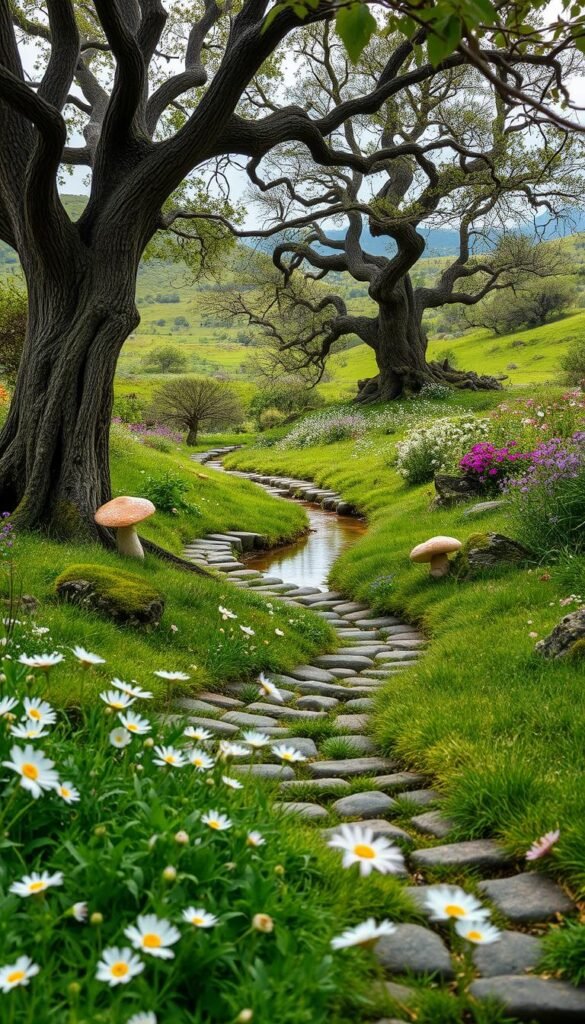 A lush fairy garden landscape with a winding cobblestone path meandering through a verdant meadow. In the foreground, delicate flowers in soft pastel hues dot the ground, their petals swaying gently in a light breeze. Moss-covered stones and whimsical mushrooms line the pathway, leading the eye deeper into the scene. Towering trees with twisted branches form a canopy overhead, casting dappled sunlight across the tranquil setting. A small, babbling brook cuts through the middle distance, its crystal clear waters reflecting the surrounding foliage. In the background, rolling hills dotted with wildflowers and ancient, gnarled trees create a sense of depth and enchantment. The overall mood is one of serene beauty and magical wonder.