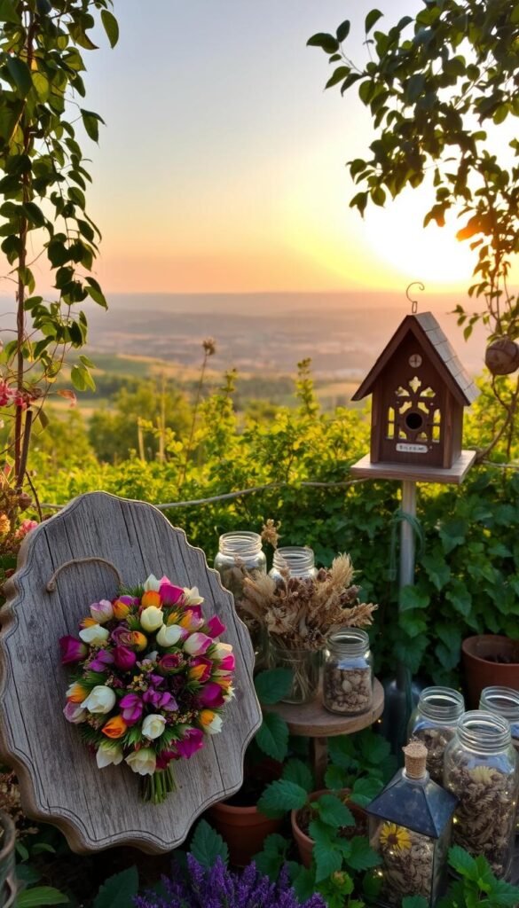 A lush garden oasis, adorned with a variety of handcrafted decor elements. In the foreground, a weathered wooden plaque displays a vibrant floral arrangement, its petals delicately preserved. Surrounding it, a collection of terracotta pots and glass jars filled with dried botanicals and fairy lights, casting a warm, inviting glow. In the middle ground, a whimsical birdhouse, its intricate design carved from reclaimed wood, blends seamlessly with the verdant foliage. Beyond, a picturesque landscape of rolling hills and a distant, hazy horizon, bathed in the soft, golden light of the setting sun, creating a serene and tranquil atmosphere.