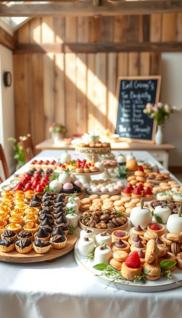 A lush, inviting dessert grazing table stands in the center of a sun-drenched, rustic dining area. In the foreground, an array of artfully arranged sweet treats - glistening fruit tarts, decadent chocolate-dipped strawberries, flaky pastries, and creamy panna cottas. The middle ground features a scattering of homemade cookies, macarons, and bite-sized cakes, complemented by sprigs of fresh greenery and delicate floral accents. In the background, a wooden backdrop with a charming chalkboard sign sets the scene, evoking a cozy, countryside ambiance. Soft, natural lighting filters in, casting a warm glow over the delectable spread, enticing the viewer to indulge in this visually stunning dessert grazing table.
