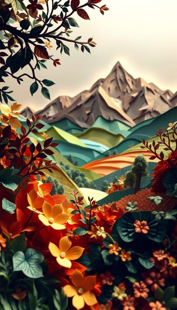 A lush, multi-layered paper art landscape scene, illuminated by soft, warm lighting and captured with a wide-angle lens. In the foreground, intricate paper cut-outs of leaves, flowers, and branches create a vibrant, tactile texture. The middle ground features undulating hills and valleys, built up with layers of colored paper in shades of green, brown, and blue, conveying a sense of depth and dimensionality. In the background, a majestic paper mountain range rises up, its peaks and ridges sculpted with precision and attention to detail. The overall composition evokes a serene, natural atmosphere, inviting the viewer to immerse themselves in the captivating, handcrafted world.