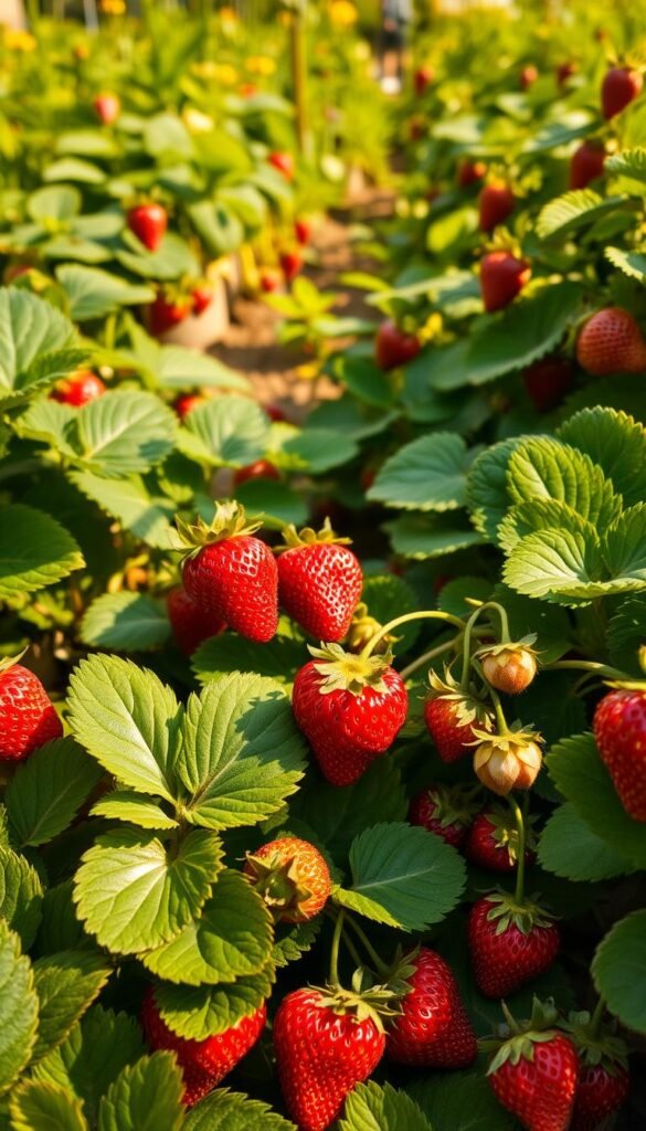 A lush, sun-dappled garden filled with flourishing strawberry plants. In the foreground, a close-up view of several plump, ripe strawberries, their vibrant red hues contrasted against the deep green foliage. However, scattered among the healthy berries, a few troubled specimens are visible - one with discolored leaves, another bearing a misshapen, stunted form. In the middle ground, the garden backdrop reveals a mixture of thriving and struggling plants, suggesting the challenges of strawberry cultivation. The scene is captured with a shallow depth of field, emphasizing the detailed imperfections while maintaining an overall sense of verdant abundance. Warm, golden lighting casts a gentle glow, conveying a serene, contemplative mood befitting the "Troubleshooting Common Strawberry Growth Issues" subject.