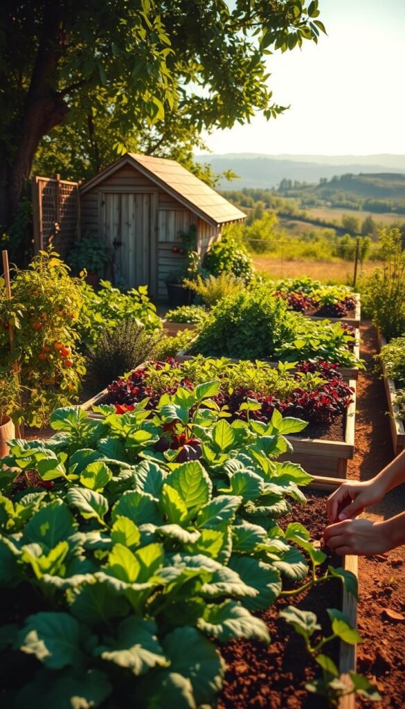A lush, sun-dappled vegetable garden with raised beds bursting with vibrant greens, deep reds, and earthy browns. In the foreground, a gardener carefully plants seedlings, their hands cradling the tender shoots. Surrounding them, rows of leafy kale, tomato vines heavy with ripening fruit, and bushy herbs swaying gently in a light breeze. In the middle ground, a weathered wooden shed nestles amidst the verdant foliage, its gabled roof casting soft shadows. The background reveals a picturesque landscape, with rolling hills and a distant, hazy horizon. The scene is bathed in warm, golden light, creating a sense of tranquility and abundance.