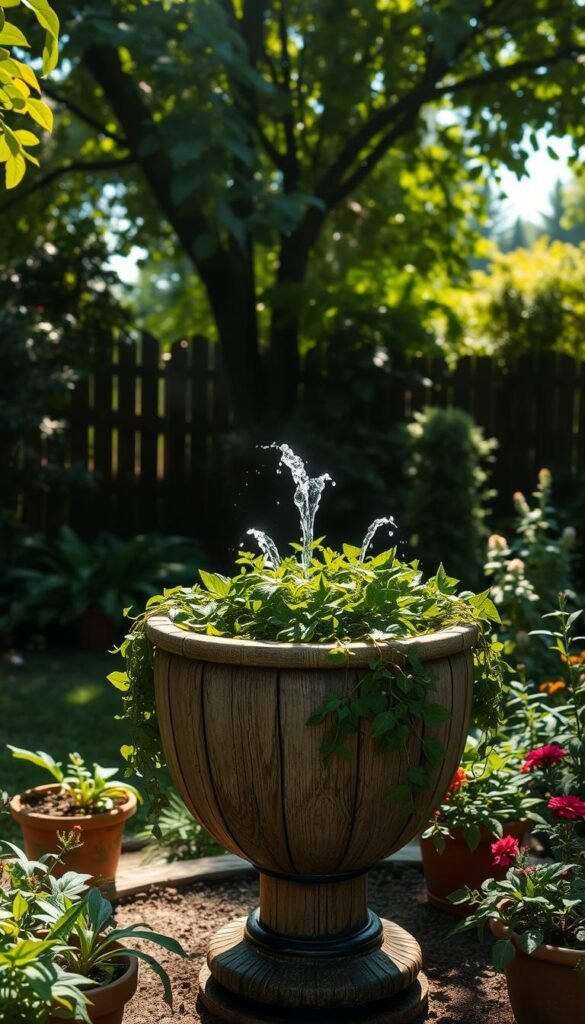 A lush, verdant backyard with a serene container fountain as the focal point. The fountain is crafted from a rustic, weathered wooden planter or urn, overflowing with cascading foliage and delicate water spouts. Dappled sunlight filters through the surrounding greenery, casting a warm, natural glow over the scene. The fountain is flanked by potted plants and flowers, creating a tranquil, oasis-like ambiance. A low-angle perspective emphasizes the graceful, organic flow of the water, inviting the viewer to pause and immerse themselves in the calming serenity of this simple, yet captivating DIY garden feature.