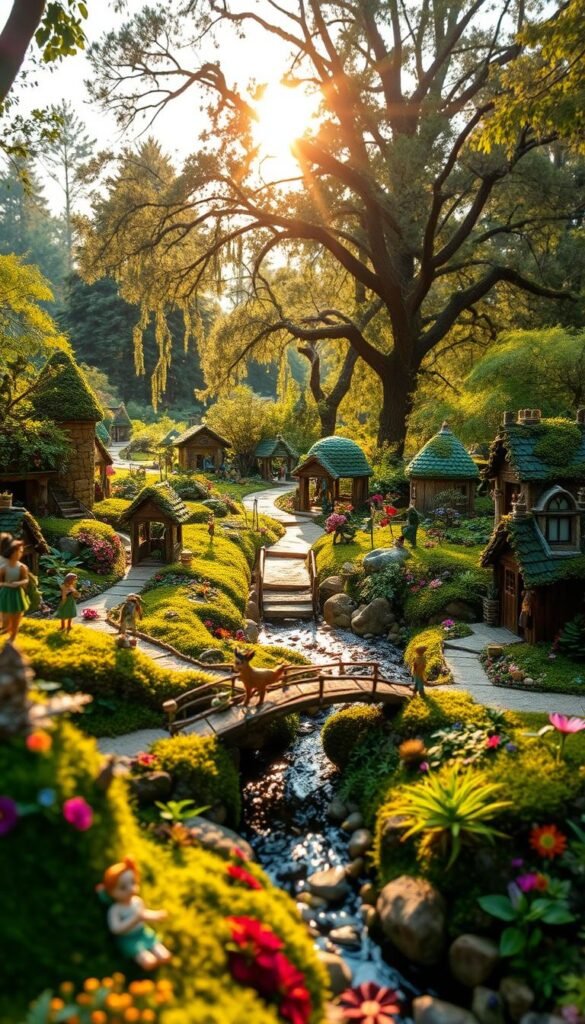 A lush, verdant fairy garden nestled in a secluded glade, illuminated by the warm glow of a setting sun. In the foreground, a whimsical arrangement of miniature houses, bridges, and pathways, crafted from natural materials like moss, stone, and wood. Tiny fairy figurines and animal statues populate the scene, creating a sense of enchantment. The middle ground features a babbling brook crossed by a delicate wooden bridge, surrounded by a tapestry of vibrant flowers and ferns. In the background, a canopy of towering trees casts soft, dappled shadows, lending an air of tranquility and mystery to the enchanted space. The overall composition evokes a sense of wonder and a desire to explore the hidden delights of this whimsical fairy haven.
