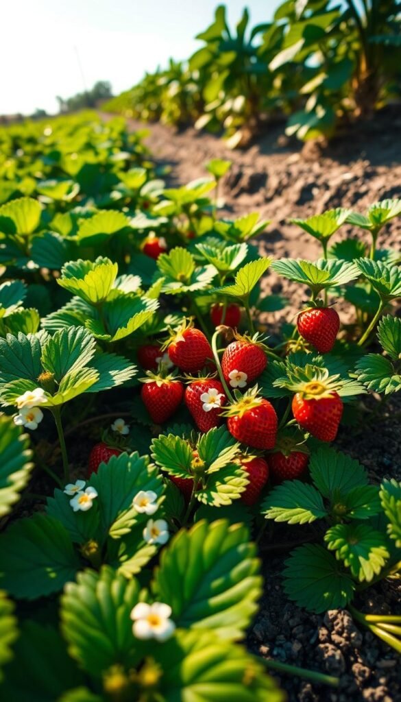 A lush, verdant garden bed filled with thriving strawberry plants. The foreground showcases vibrant green foliage, with delicate white blossoms dotting the scene. The middle ground features plump, ruby-red strawberries nestled among the leaves, glistening in the warm, golden sunlight. In the background, a backdrop of rich, fertile soil and a clear, blue sky create a serene, inviting atmosphere. The overall composition conveys the ideal growth conditions for these delectable fruits - ample sunlight, well-drained soil, and a harmonious natural balance. Captured with a wide-angle lens, the image invites the viewer to envision the satisfying process of cultivating these delicious strawberries at home.