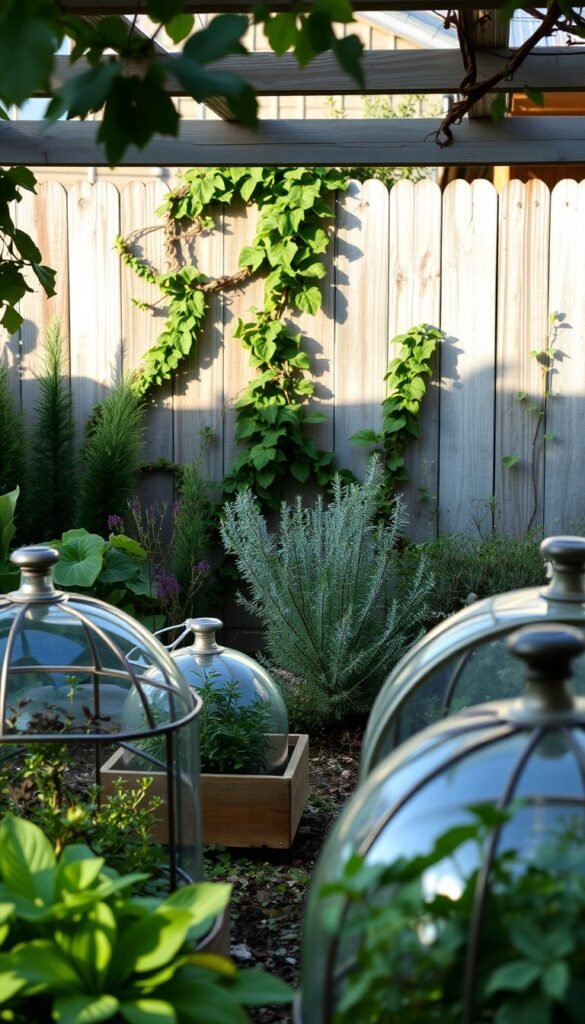A lush, verdant winter garden with a protective structure, bathed in soft, natural light. In the foreground, carefully placed cloches and cold frames shield delicate plants from the chill, their glass surfaces gleaming. In the middle ground, a mix of hardy evergreens and dormant perennials create a cozy, sheltered atmosphere. The background features a weathered wooden fence, partially obscured by cascading vines, adding depth and texture to the scene. The overall mood is one of tranquility and thoughtful preparation, showcasing how a small garden can be transformed and protected through the seasons.