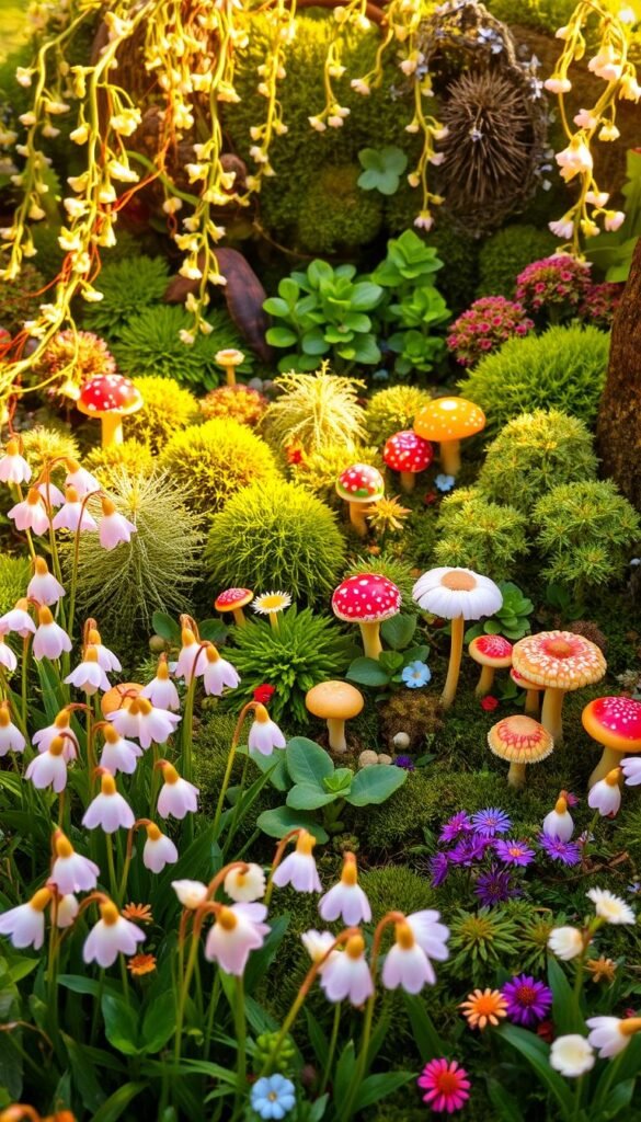 A lush, vibrant fairy garden filled with a delightful array of whimsical plants. In the foreground, delicate bell-shaped flowers in shades of pastel pink, lavender, and soft blue sway gently in the breeze. Dotted throughout are enchanting mushrooms in vibrant reds, oranges, and whites, their caps adorned with intricate patterns. In the middle ground, a diverse tapestry of ferns, mosses, and miniature shrubs create a captivating verdant backdrop. Trailing vines with tiny blooms cascade from above, lending an air of enchantment. The scene is bathed in warm, golden light, casting a magical glow over the entire garden. Subtle shadows and highlights accentuate the textural details, evoking a sense of depth and realism. An idyllic, whimsical fairy garden, perfect for inspiring your own enchanted outdoor escape.
