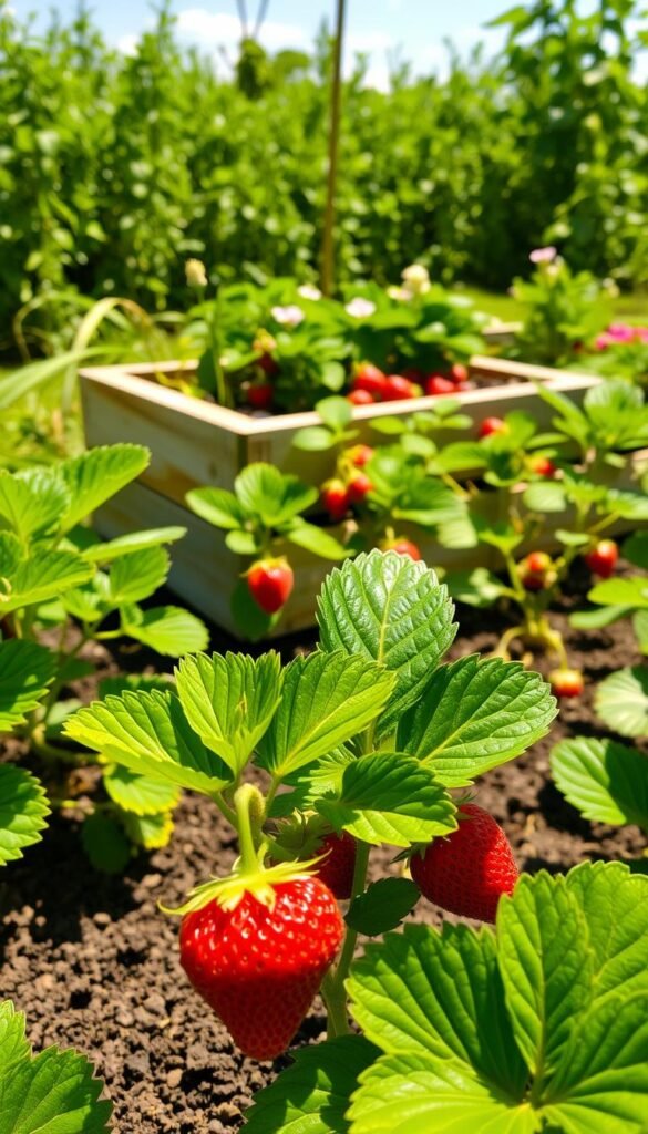 A lush, vibrant garden scene showcasing the best practices for strawberry care. In the foreground, a close-up view of a healthy, plump strawberry plant, its bright green leaves and ripe red berries glistening under the warm, natural lighting. In the middle ground, a DIY raised planter overflowing with thriving strawberry plants, their leaves unfurling and flowers blooming. In the background, a verdant backdrop of flourishing greenery and a clear, sunny sky, creating a serene, idyllic atmosphere. The composition emphasizes the importance of proper soil, water, and sunlight management for growing delicious, bountiful strawberries.