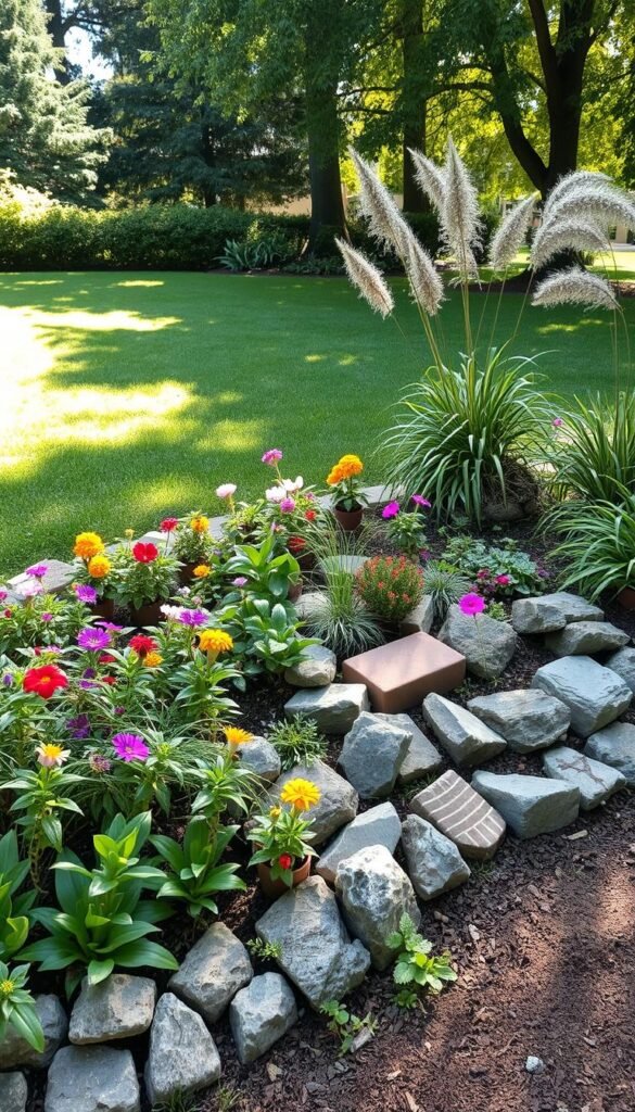 A lush, vibrant garden scene with creative border designs. In the foreground, a mix of colorful flowering plants, trailing vines, and ornamental grasses create a whimsical, naturalistic border. The middle ground features a variety of unique edging materials like river rocks, repurposed bricks, and woven willow branches. In the background, a well-tended lawn frames the scene, with dappled sunlight filtering through the trees. The overall composition has a warm, inviting atmosphere, showcasing a harmonious blend of organic textures and hues. Shoot with a wide-angle lens to capture the full depth and scale of the creative garden border display.