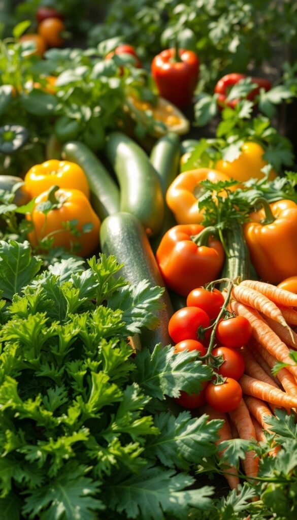 A lush, well-lit vegetable garden with several easy-to-grow produce items in the foreground, including bright green leafy kale, vibrant cherry tomatoes, and crisp, orange carrots. The middle ground features plump zucchini and bell peppers in varying colors, while the background showcases a mix of herbs like basil and parsley. The lighting is soft and natural, creating a warm, inviting atmosphere. The composition highlights the variety and accessibility of these beginner-friendly vegetables, inspiring the viewer to start their own DIY garden.