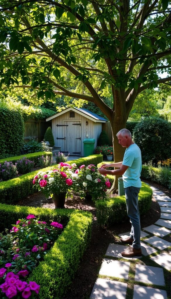A lush, well-tended small garden with neatly trimmed hedges, vibrant flower beds, and a meandering stone path. Sunlight filters through the canopy of a mature tree, casting dappled shadows across the scene. In the foreground, a gardener in casual attire is carefully pruning a flowering shrub, their focused expression and gentle movements conveying the care and attention required for maintaining this outdoor oasis. The background features a modest garden shed, its weathered wooden facade blending seamlessly with the surrounding greenery. The overall atmosphere is one of tranquility and the pride of a gardener's hard work.